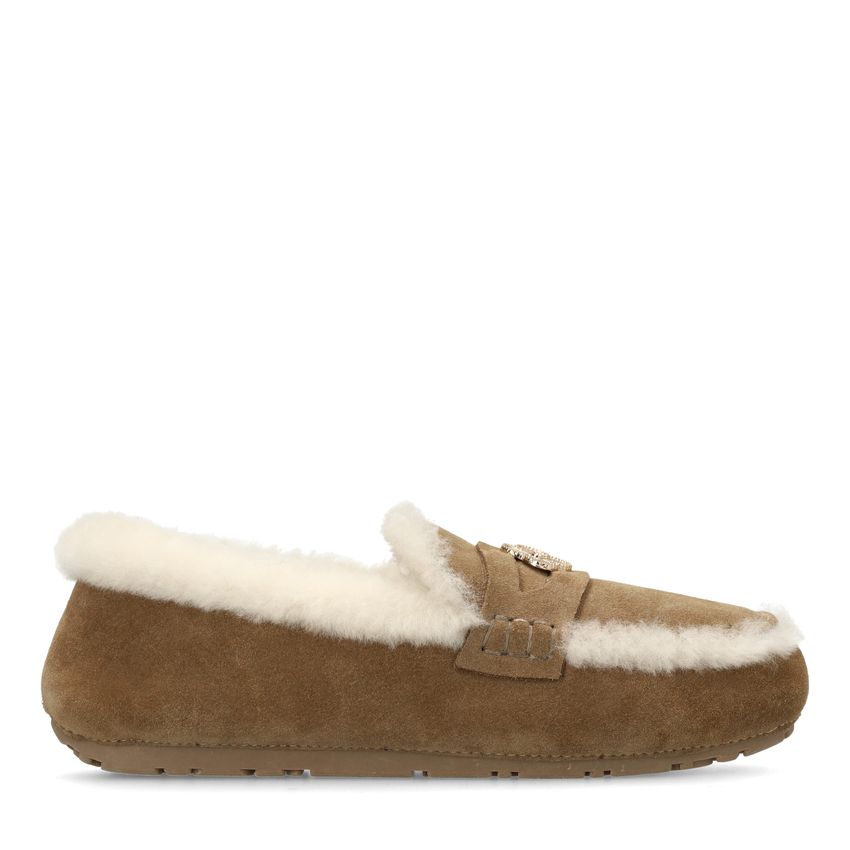 Taupe suède pantoffels met bontrand