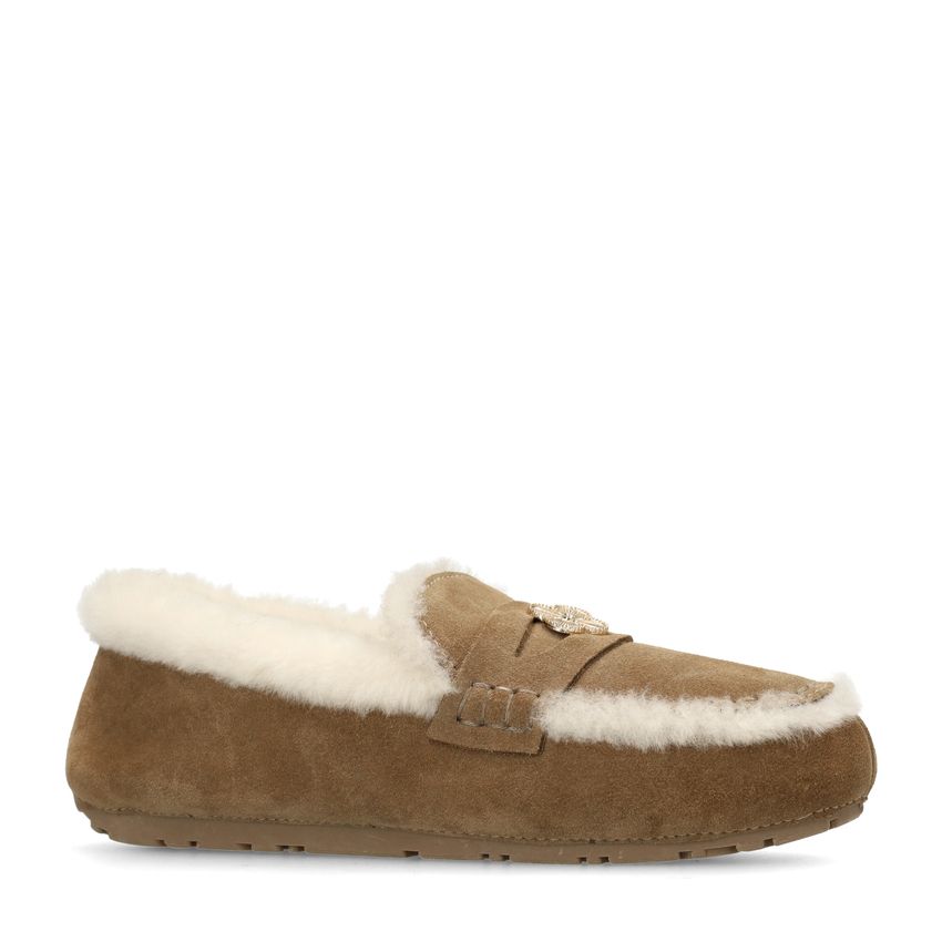 Taupe suède pantoffels met bontrand