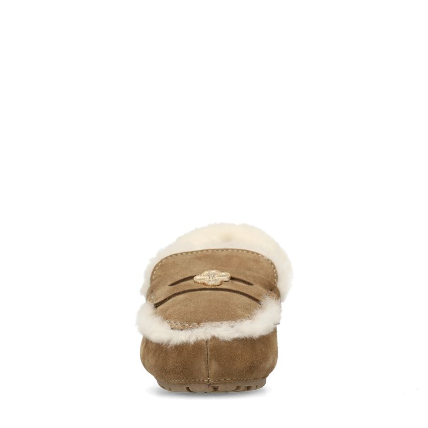 Taupe suède pantoffels met bontrand
