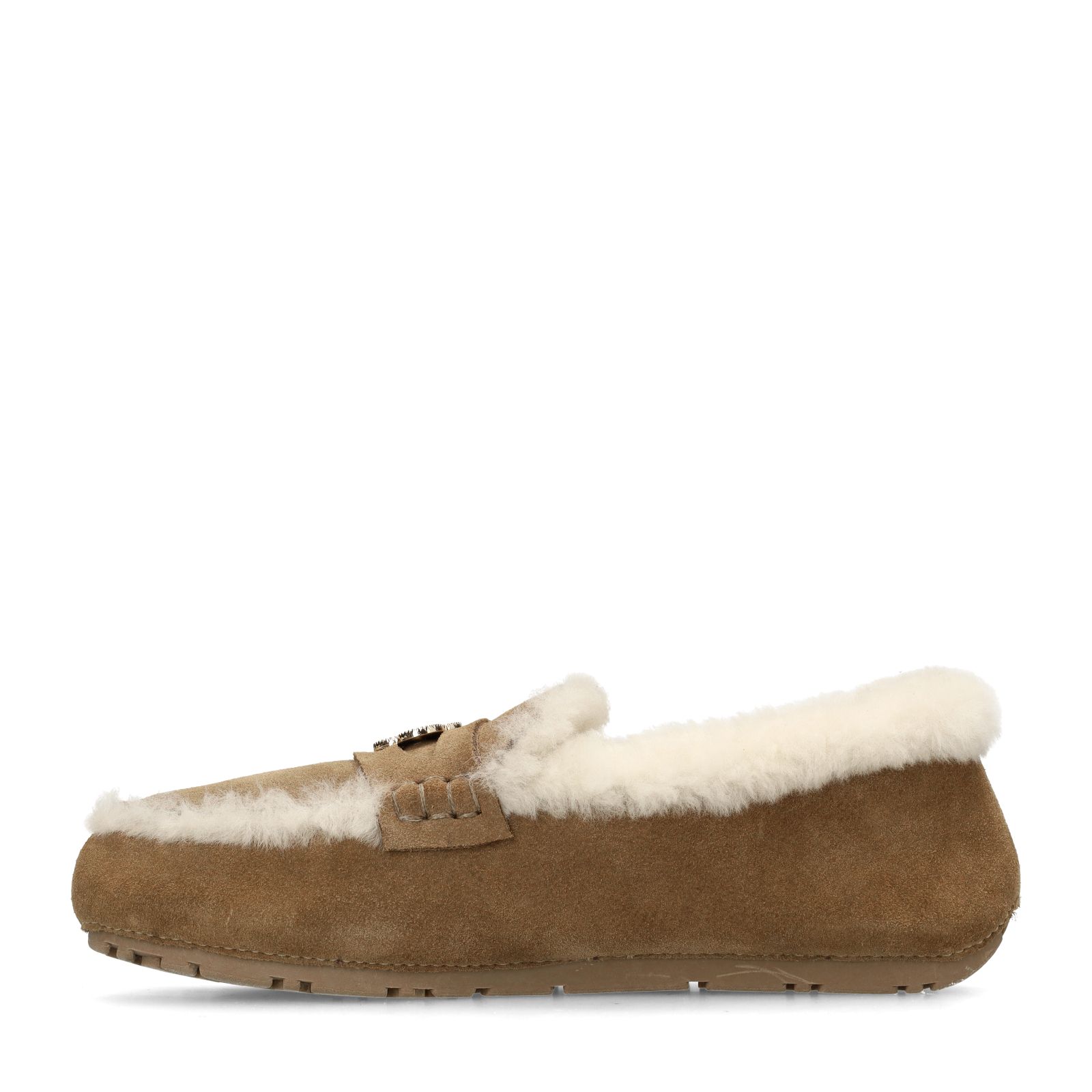 Taupe suède pantoffels met bontrand