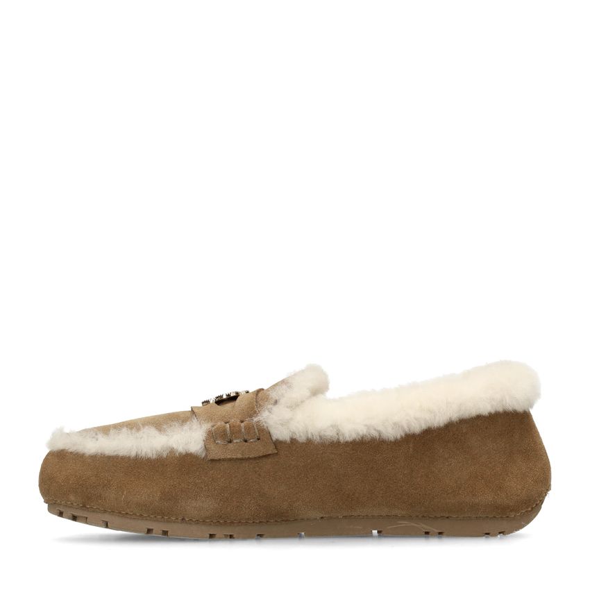 Taupefarbene Veloursleder-Pantoffeln mit Kunstfellrand