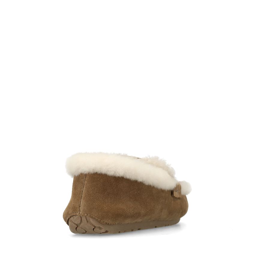 Taupe suède pantoffels met bontrand