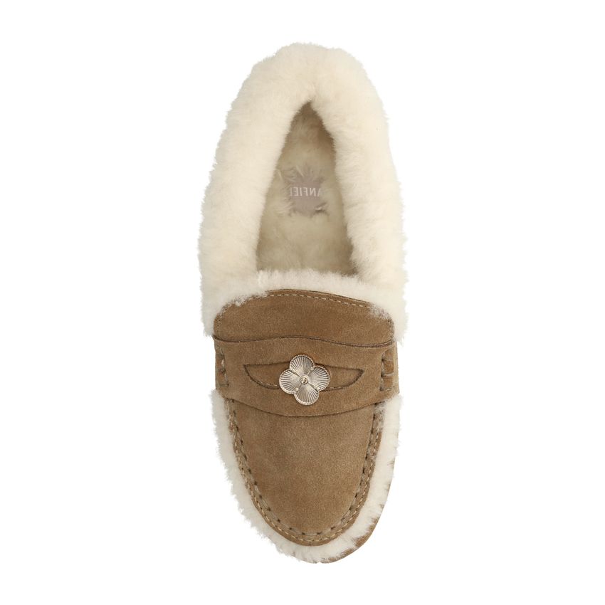 Taupe suède pantoffels met bontrand
