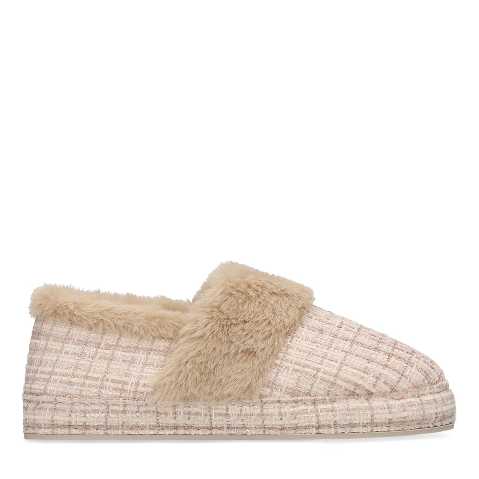 Beige geruite pantoffels met bont