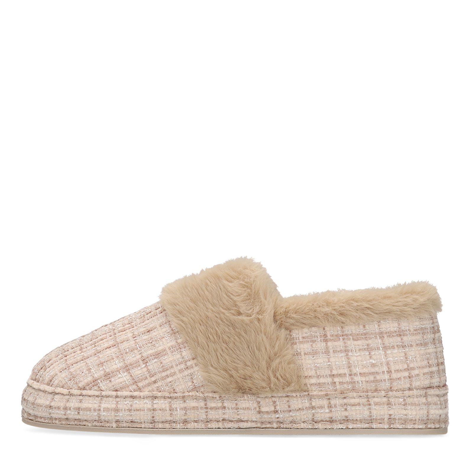 Beige geruite pantoffels met bont