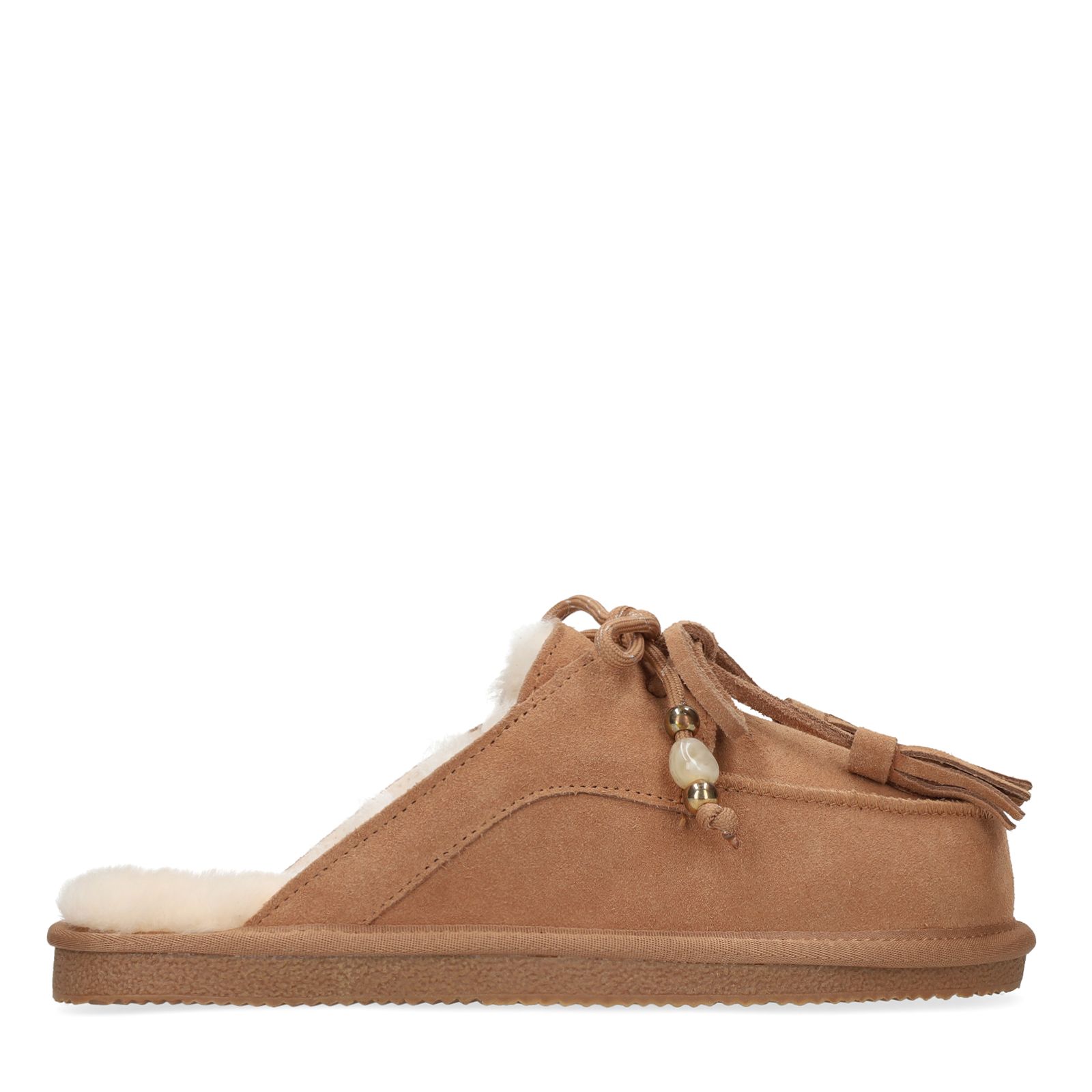 Cognac suède pantoffels met bontvoering