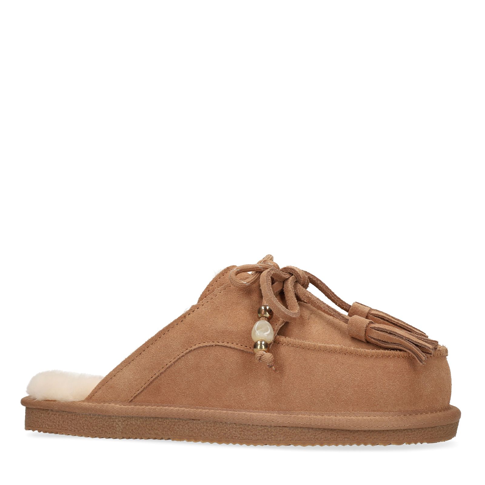 Cognac suède pantoffels met bontvoering