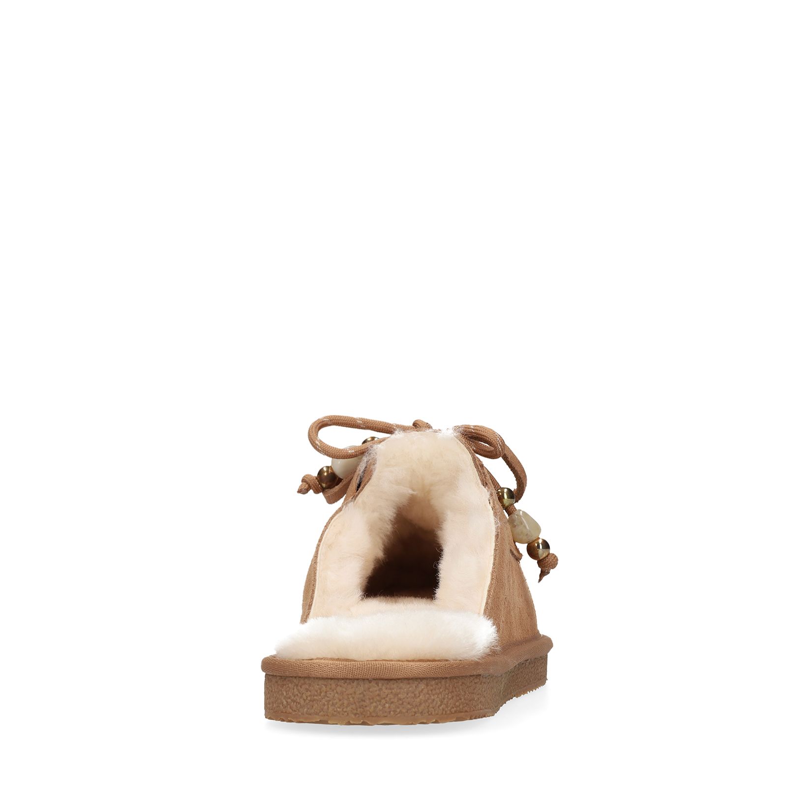 Cognacfarbene Veloursleder-Pantoffeln mit Fellfutter